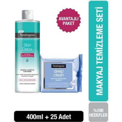 میسلار واتر دتاکس پوست 400 میلی لیتر + دستمال پاک کننده آرایش مدل deep clean بسته 25 عددی نوتروژینا Neutrogena شیکولات